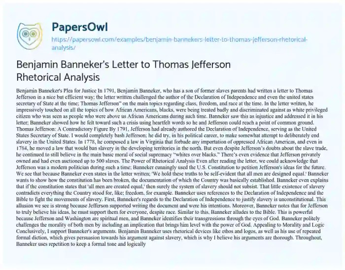 Banneker letter to jefferson rhetorical analysis